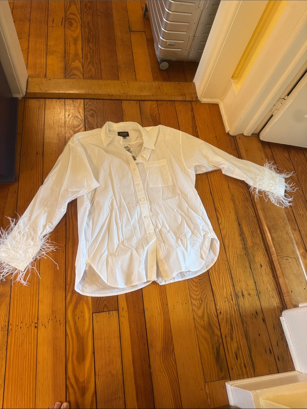 J. Crew White Button-Up Shirt with Feather-Trim Cuffs